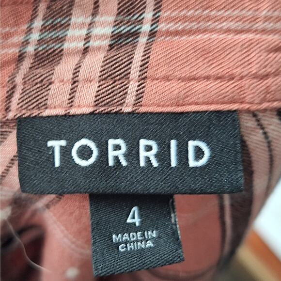 Torrid 4 Women 4x Peach Pink Plaid Twill Peplum Shirred Waist Blouse Shirt - Picture 5 of 8